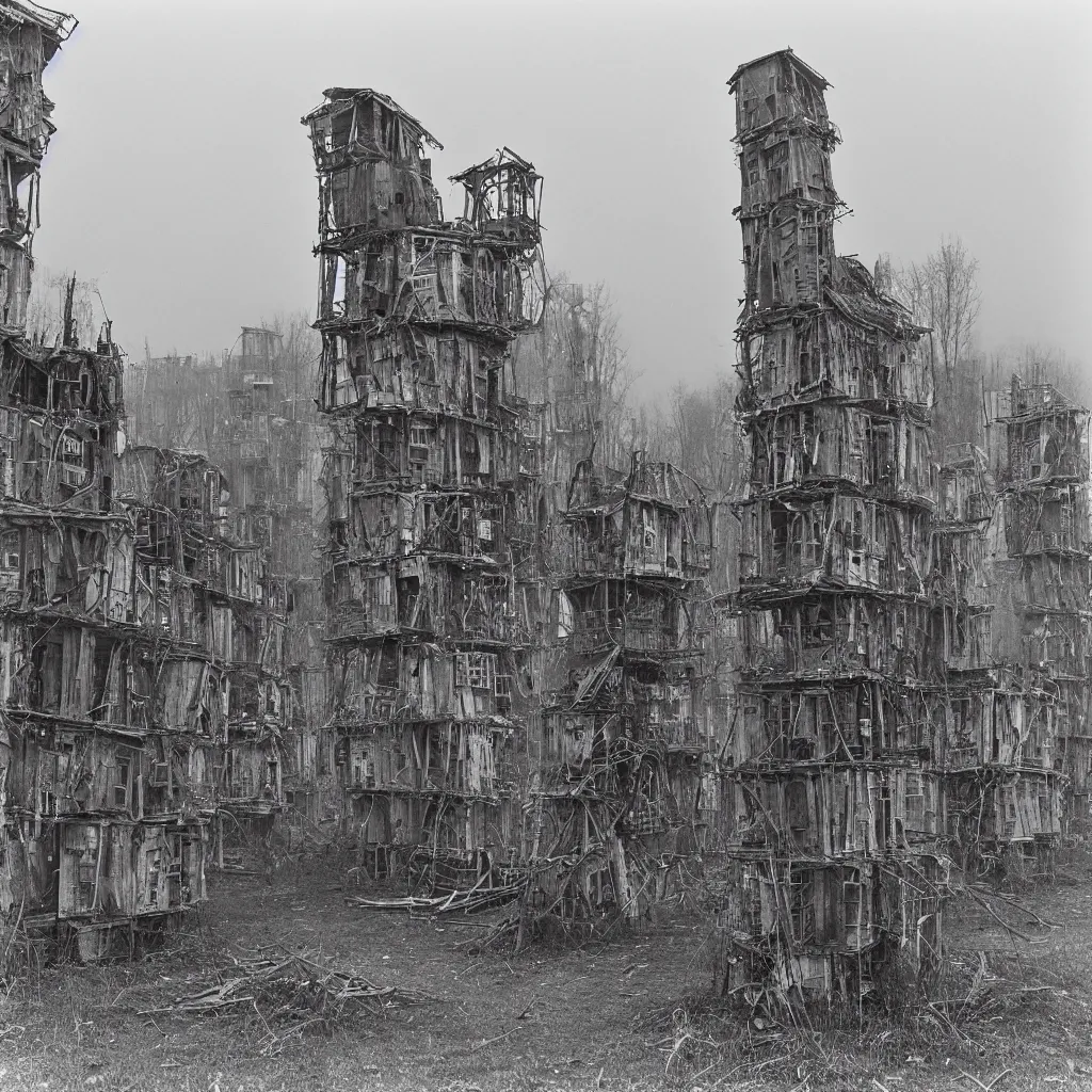 Image similar to two giant towers, made up of makeshift squatter shacks, misty, dystopia, mamiya rb 6 7, fully frontal view, very detailed, photographed by tarkovsky