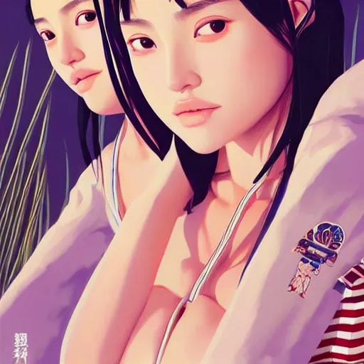 Image similar to a beautiful young japanese natalie portman alluring gravure model, stylized concept art, wearing elegant designer bomber jacket and one piece bikini, bomber jacket with mesoamerican patterns, mesoamerican native street fashion, princess mononoke, painted by ilya kuvshinov aesthetic, gorgeous, stunning, alluring, attractive, artstation, pinterest, digital art