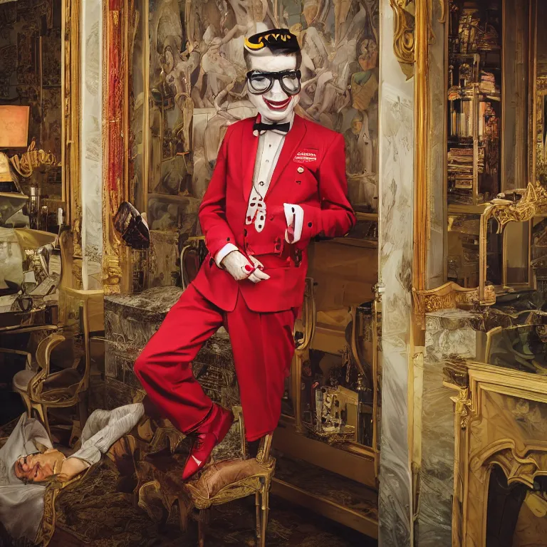 Image similar to vogue photoshoot octane render portrait by wayne barlow and carlo crivelli and glenn fabry, subject is a single eccentric man in a bright colorful vintage wes anderson uniform and a latex mask inside a high - end exotic vintage boutique hotel lounge, very short depth of field, bokeh