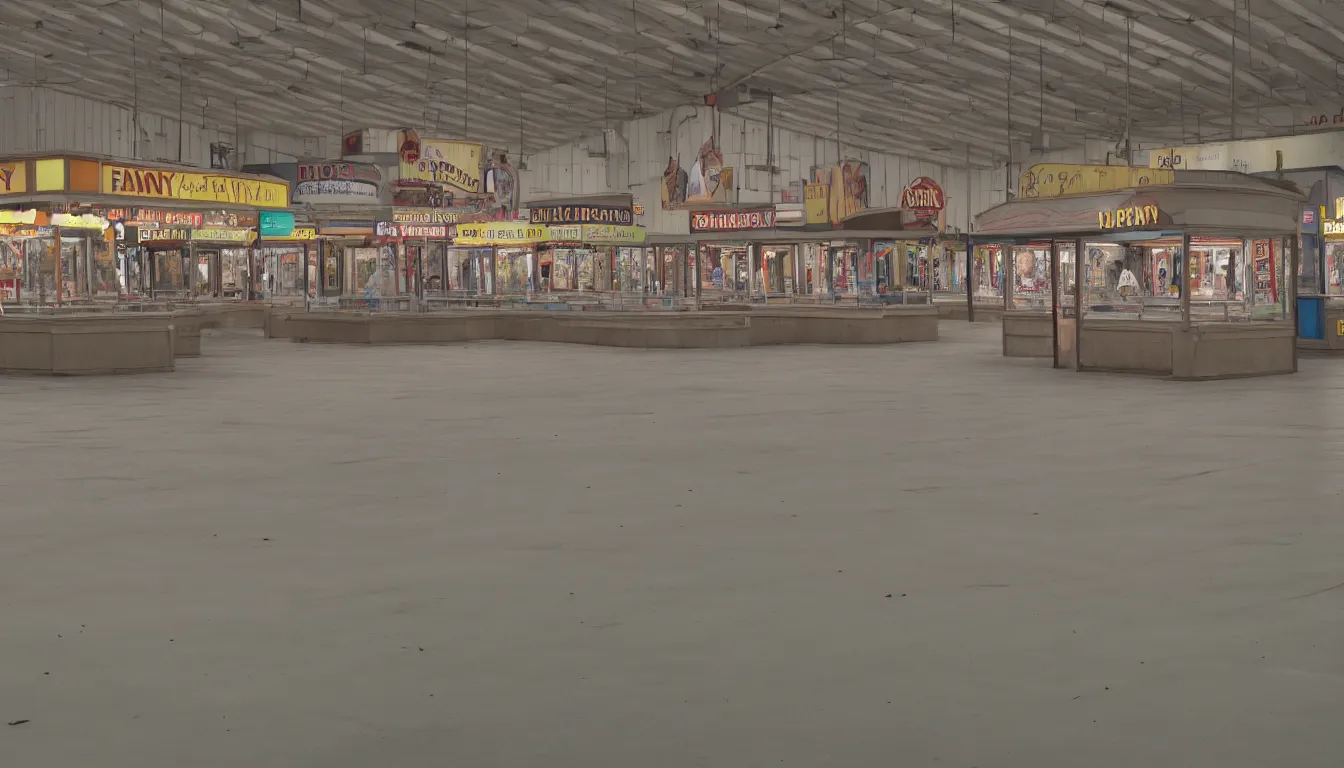 Prompt: empty fair, counters, no people, sad, melancholic, depressing, very detailed, emotional, 4 k