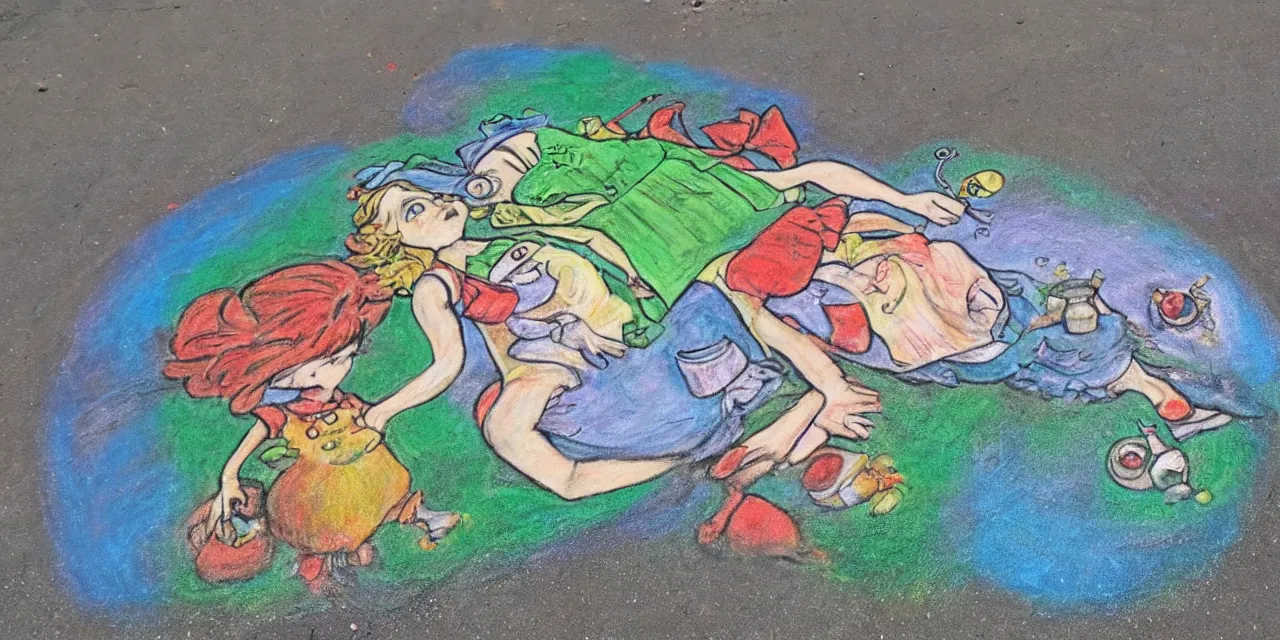 Image similar to a sidewalk chalk painting of alice in wonderland