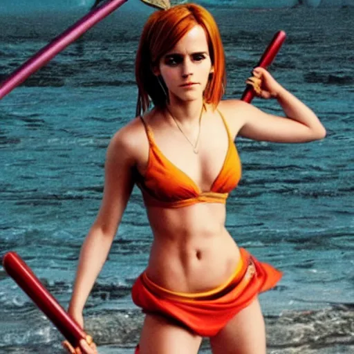 Image similar to a full body photo of emma watson as nami from one piece holding a trident in one hand, award winning photography, 50 mm, perfect faces.