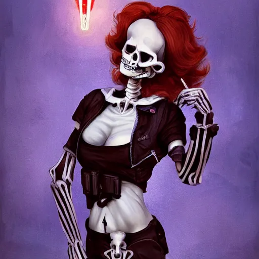 Prompt: cute & beautiful smug smiling undead skeleton girl with very attractive face and red hair dressed as a retrofuturist police officer, elegant, digital art, fullbody painting, fantasy, pixar style, painting, pin up, highly detailed, artstation, art by artgerm, vrubel, greg rutkowski, ilya kuvshinov, raymond swanland