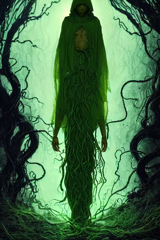 Prompt: A full body portrait of a mysterious shaman, with no face with a very long hooded dark green and yellow cloak, tentacles and thorny vines coming out the ground art by Maciej Kuciara and Jason Chan, ominous, cosmic horror, trending on artstation, Ultra detailed, hyper realistic 4k