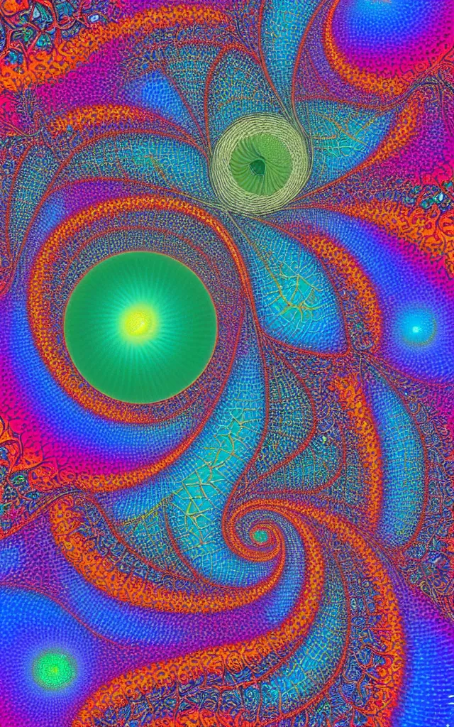 Prompt: wave, particle, synth, frequencies, pattern, oscillation. wave-particle duality. colorful, vibrant. fractal gems, fractal crystals, by jean giraud.