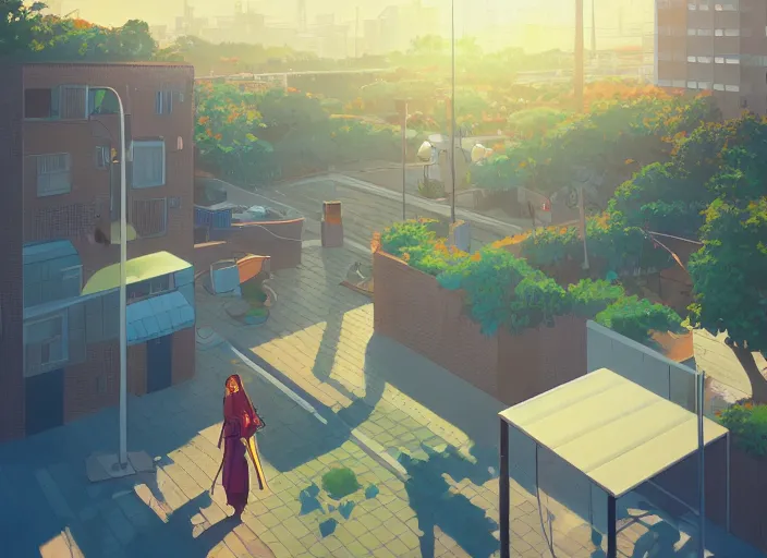 Image similar to digital illustration of walkable suburb with renewable energy, rooftop gardens and beautiful manicured landscaping by makoto shinkai, ilya kuvshinov, lois van baarle, rossdraws, basquiat trending on artstation | warm color scheme