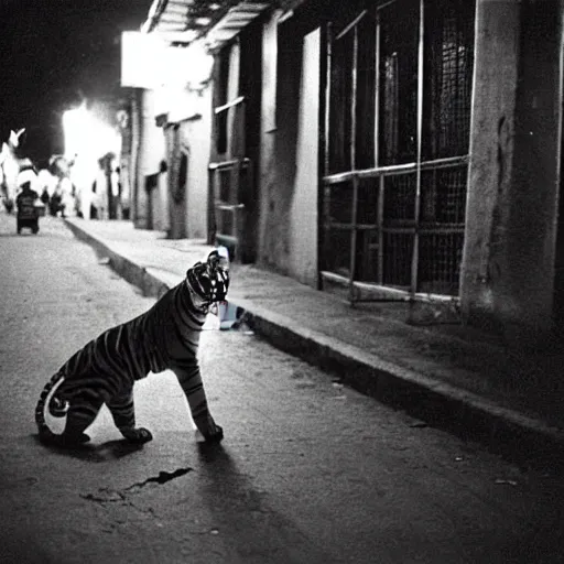 Prompt: retro photograph of a tiger smoking a cigarette in the streets of Dhaka at night, Kodak film photo