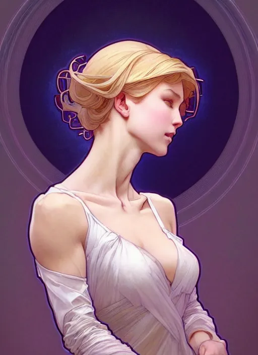 Prompt: digital character concept art by artgerm and greg rutkowski and alphonse mucha. clear portrait of a modern young wife blessed by god to uncontrollably become overwhelmingly perfect!! blonde, in clothes! obviously feminine well - formed holy body!! light effect. hyper detailed, glowing lights!! intricate, elegant, digital painting, artstation, smooth, sharp focus