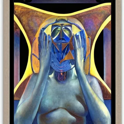 Image similar to the robot in her moth mask, by Annie Swynnerton and Diego Rivera, symbolist, dramatic lighting, elaborate geometric ornament, Art Deco,god rays, soft cool colors,smooth, sharp focus, extremely detailed, Adolf Wölfli