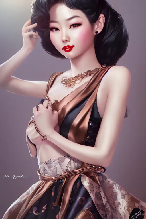 Image similar to a pin up and beautiful fashion and charming and dreamlke asian girl, lv jewelry, art by artgerm & jeehyung lee & wlop, hyperdetailed, 8 k realistic, symmetrical, frostbite 3 engine, cryengine, dof, trending on artstation, digital art, lv, dior