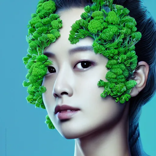 Image similar to the portrait of an unbelievably beautiful, elegant, and sophicated young kim tae hee partially made of broccoli, an ultrafine detailed illustration by james jean, intricate linework, bright colors, final fantasy, behance contest winner, vanitas, angular, altermodern, unreal engine 5 highly rendered, global illumination, radiant light, detailed and intricate environment