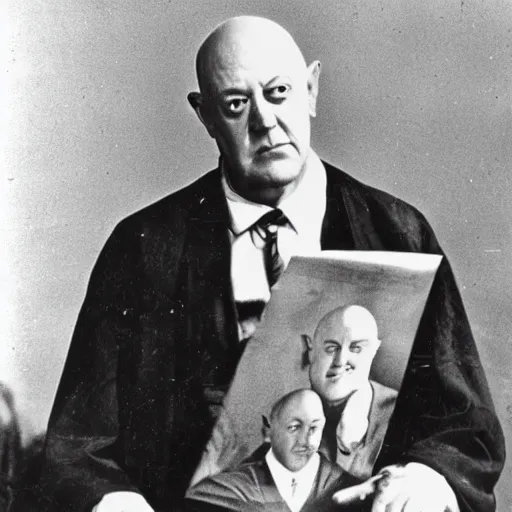 Prompt: Picture Aleister Crowley holding planet earth