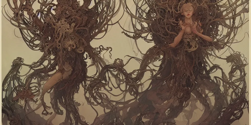 Image similar to epic concept illustration of a fungus demon god with many many arms, by james jean, by artgerm and greg rutkowski and alphonse mucha. uhd, amazing depth, cinematic lighting, glossy wet levitating floating fungus god with arms outstretched.