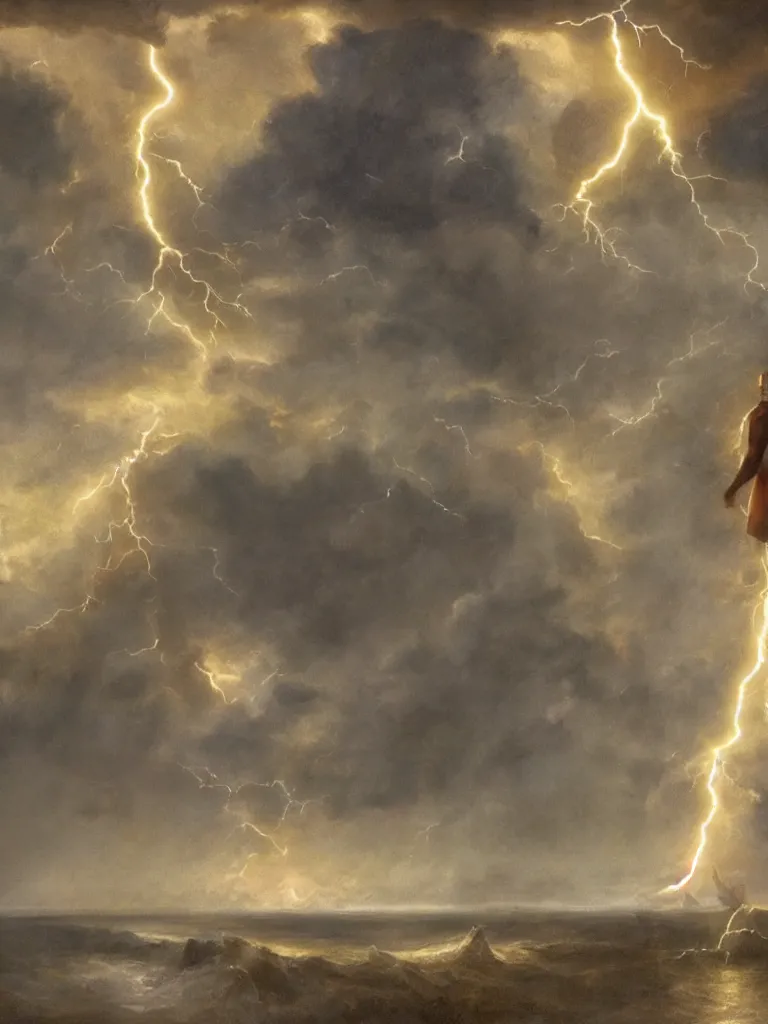 Prompt: human struck by lightning by disney concept artists, blunt borders, rule of thirds, golden ratio, godly light