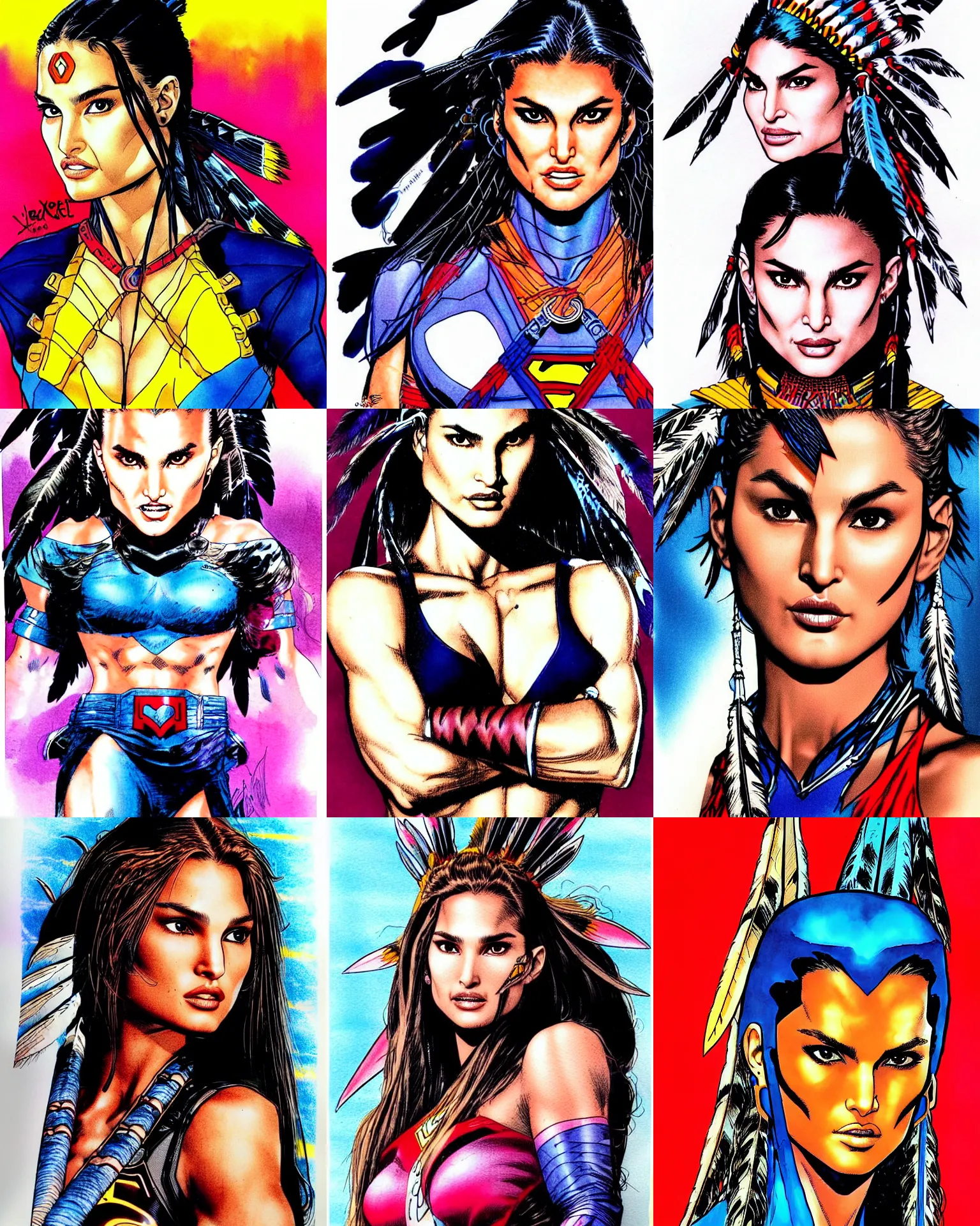Prompt: jim lee!!! ink colorised airbrushed gouache sketch by jim lee close up headshot of native indian chinese natalie portman cindy crawford in the style of jim lee, x - men superhero comic book character by jim lee