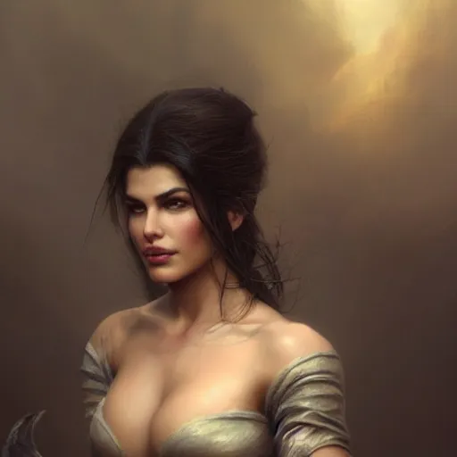 Prompt: portrait jacqueline fernandez, dreamy, fantasy, pain, intricate, elegant, highly detailed, digital painting, artstation, concept art, matte, sharp focus, illustration, octane render, unreal engine, art by aenaluck and roberto ferri and greg rutkowski, epic fantasy, digital painting