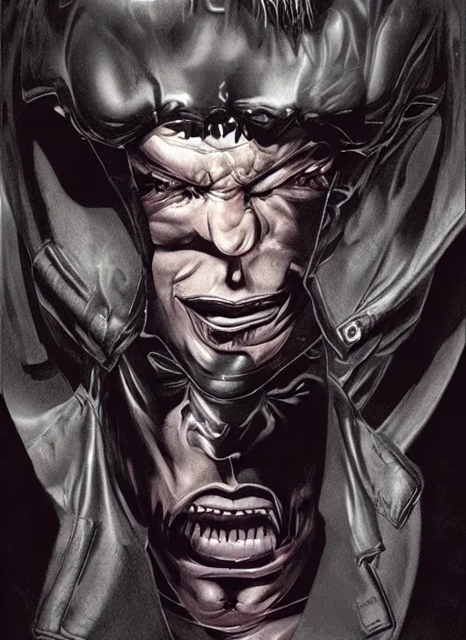 Image similar to aesthetic digital illustration of a handsome grinning young man by brian bolland, rachel birkett, alex ross, and neal adams | dark, sinister, intimidating, imposing, portrait, character concept, concept art, unreal engine, finalrender, centered, deviantart, artgerm