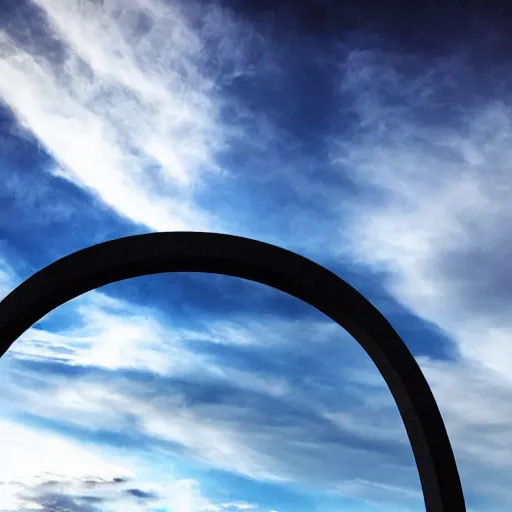 Prompt: Futuristic iron arch that reflects the sky, dramatic photo, high contrast