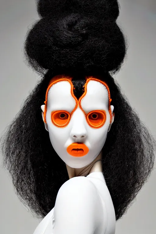 Image similar to symmetrical portrait of a woman wearing an orange embroidered translucent silicone mask and black frizzy hair buns, wearing a white bodysuit by alexander mcqueen, white background, soft diffused light, biotechnology, humanoide robot, futuristic aesthetic, translucent, ethereal, intricate details, highly detailed, masterpiece,