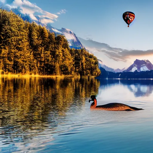 Image similar to photo of two black swans swimming in a beautiful reflective mountain lake, touching heads, forming a heart with their necks, a colorful hot air balloon is flying above the swans, hot air balloon, intricate, 8k highly professionally detailed, HDR, CGsociety