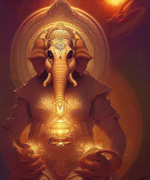 Image similar to intergalactic ganesha, mandala, fantasy, intricate, elegant, highly detailed, digital painting, artstation, concept art, matte, sharp focus, illustration, art by artgerm and greg rutkowski and alphonse mucha