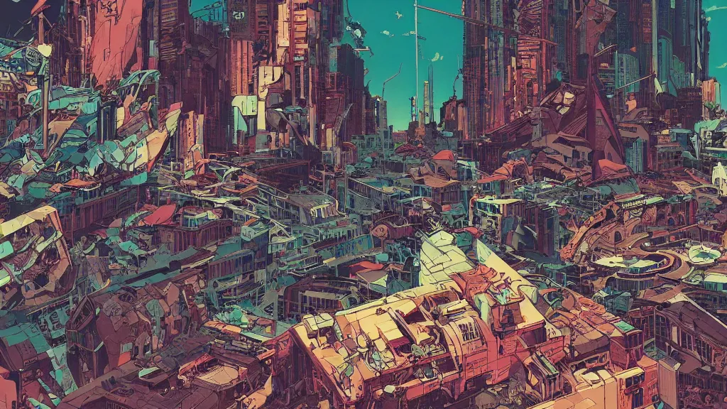 Image similar to colourful prophet graphic novel, ilya kuvshinov, mcbess, rutkowski, simon roy, roset, kuvshinov, illustration of decrepit cyberpunk arcologies in dystopian megalopolis ruins with spaceship debris floating in space, wide shot, high contrast colors, very anime!!! anime!! intricate details, deep shadows, astrophotography