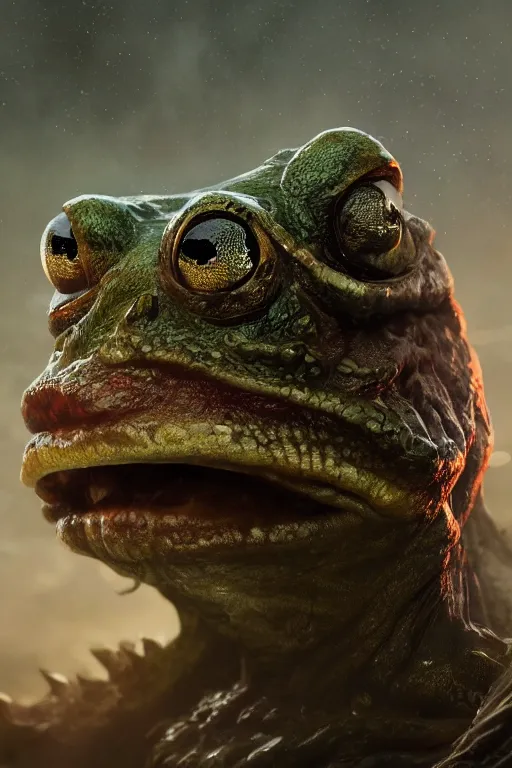 Prompt: a fancy portrait of a monstrous frog by Greg Rutkowski, Sung Choi, Mitchell Mohrhauser, Maciej Kuciara, Johnson Ting, Maxim Verehin, Peter Konig, Bloodborne , 8k photorealistic, cinematic lighting, HD, high details, atmospheric , trending on artstation