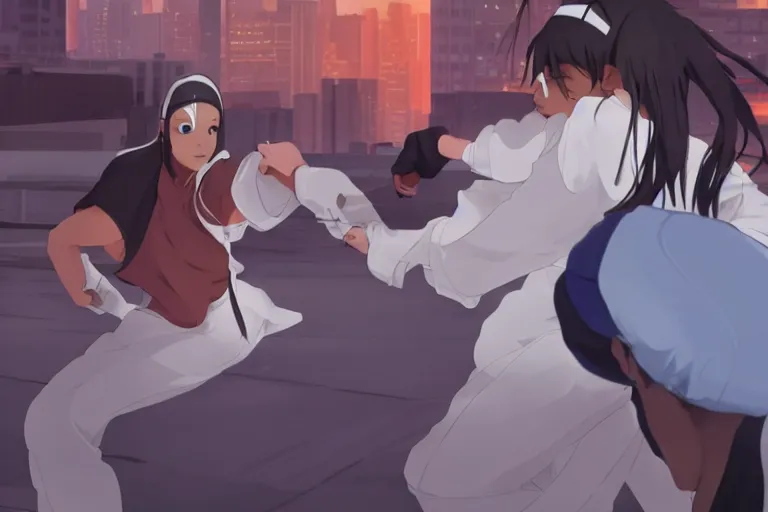 Image similar to a cute young black female ninja nurse wearing a diamond white coat is attacking an old man on a harlem rooftop, lighting, anime scenery by Makoto shinkai