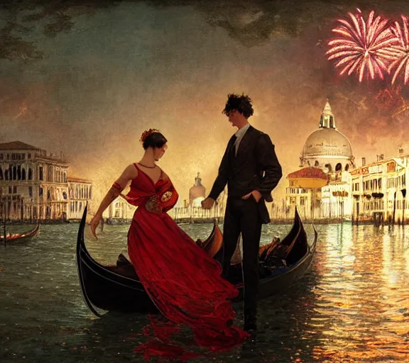 Image similar to photography of a 1 8 th couple in venice with fireworks, deep focus, intricate, elegant, highly detailed, digital painting, artstation, concept art, matte, sharp focus, illustration, art by artgerm and greg rutkowski and alphonse mucha and gil elvgren