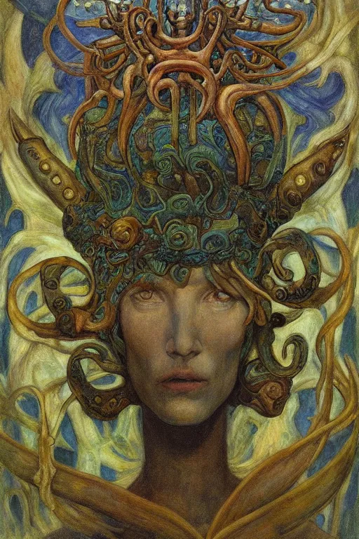 Image similar to the tentacle crown,by Annie Swynnerton and Diego Rivera and Elihu Vedder, symbolist, dramatic lighting, elaborate geometric ornament, Art Brut, bioluminescent, soft blues and greens,smooth, sharp focus, extremely detailed, Adolf Wölfli