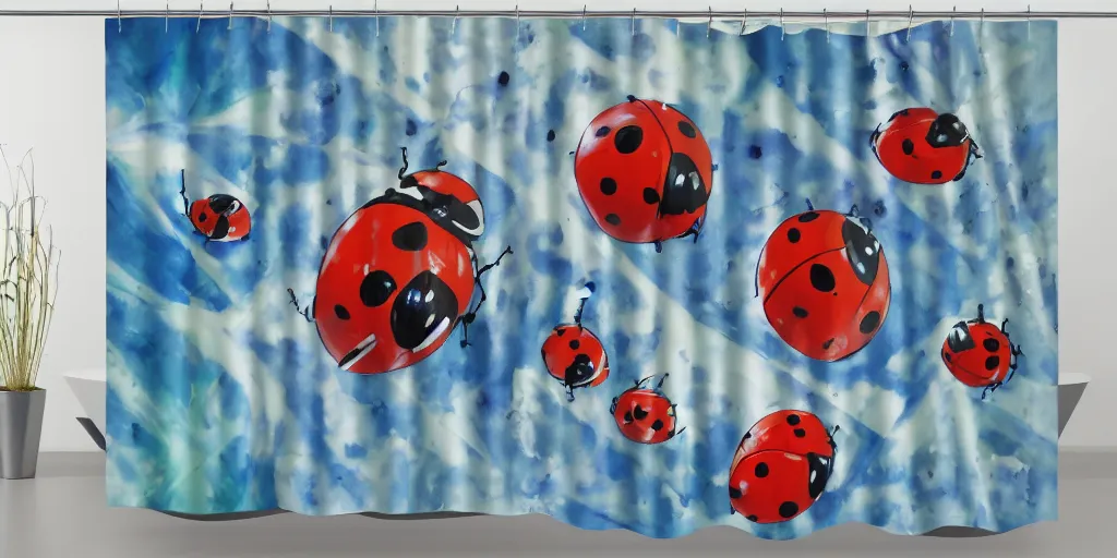 Image similar to shower curtain product catalog. wide - angle photo. on the curtain is a low - angle hero - shot watercolor of a ladybug robot. the robot has an epic showdown with darth vader. the water color has ink under drawing. highly coherent, product photography of a shower curtain, product lighting. 4 k, highly detailed. saturated.