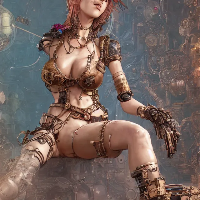 Image similar to the portrait of true neutral semi - colorful female steampunk cyborg mechanist as absurdly beautiful, gorgeous, elegant, young swimsuit model, an ultrafine hyperdetailed illustration by kim jung gi, irakli nadar, intricate linework, bright colors, octopath traveler, final fantasy, unreal engine 5 highly rendered, global illumination, radiant light, detailed and intricate environment