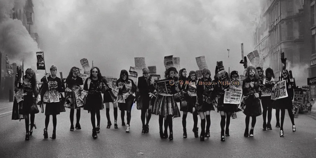 Prompt: a vintage photograph of a bunk of punk girls marching on the street of london, depressive vibe, strong subsurface scattering, red smoke, newspapers flying in the background, 1 9 9 0 s style, vintage style, scary lighting, stunning scene, highly detailed, concept art, trending on artstation