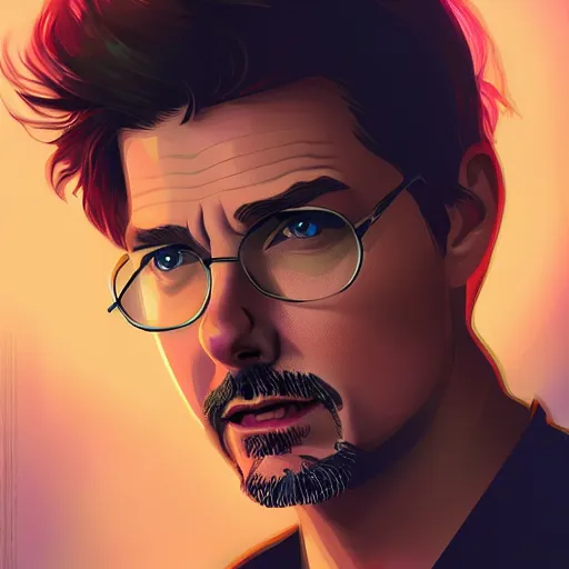 Image similar to Tom Cruise as an affable Tony Stark, ambient lighting, 4k, alphonse mucha, lois van baarle, ilya kuvshinov, rossdraws, artstation