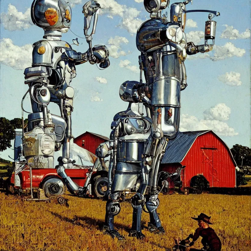 Prompt: portrait painting of a robot made of shiny reflective chrome in front of a barn and farm, painted by norman rockwell. agricultural scene. pulp sci - fi art for omni magazine. high contrast. baroque period, oil on canvas. renaissance masterpiece. trending on artstation. retrofuturism.