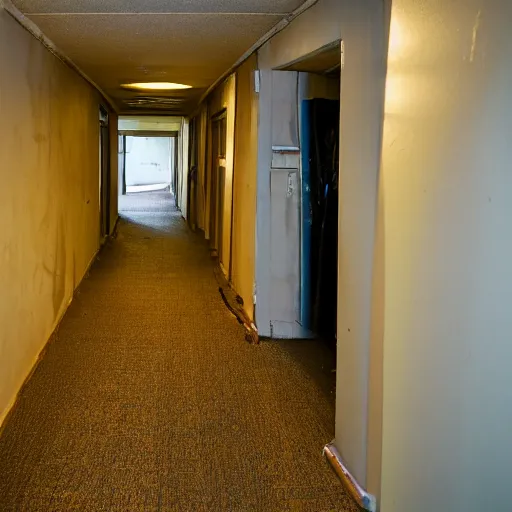 Image similar to dingy hallway in an apartment building, dirty, poorly lit