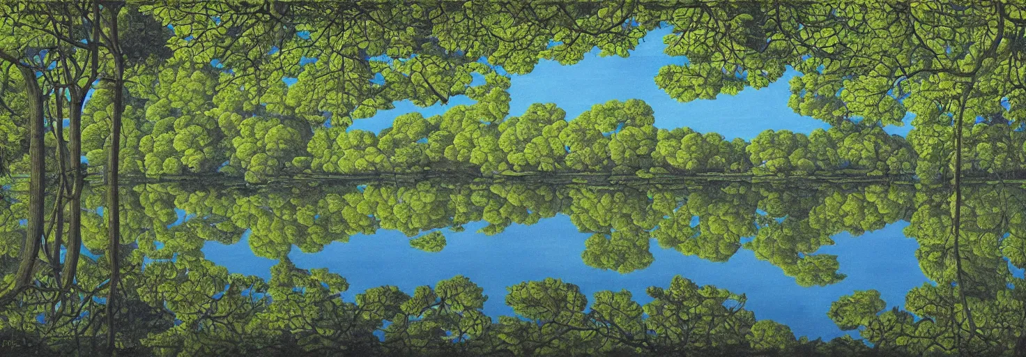 Image similar to escher painting of a lake, big trees reflecting on lake surface, ultra sharp, ultra detailed, colorized by salvador