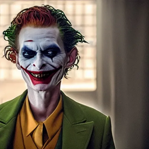 Prompt: film still of Tilda Swinton as joker in the new Joker movie