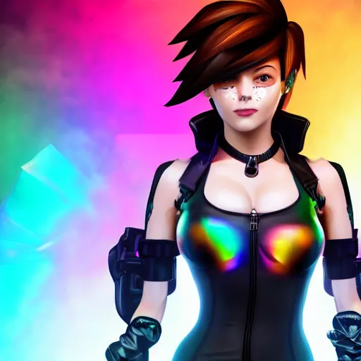 Image similar to portrait bust digital artwork of tracer overwatch, wearing black iridescent rainbow latex tank top, 4 k, expressive happy smug expression, makeup, in style of mark arian, angel wings, wearing detailed black leather collar, chains, black leather harness, detailed face and eyes,