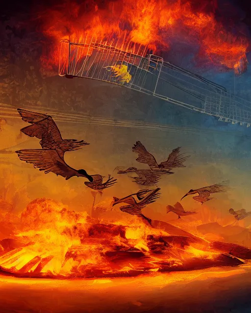 Image similar to in the lower part of the picture is the harp burning in the fire, above are cranes flying in flames, digital painting, concept art