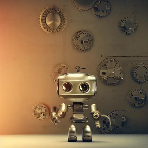 Prompt: cute little robot looking at a large wall, the wall is filled with gears and mechanical parts, nice golden light is shining down upon the cute little robot, 3d render, volumetric lighting, matt dixon style,