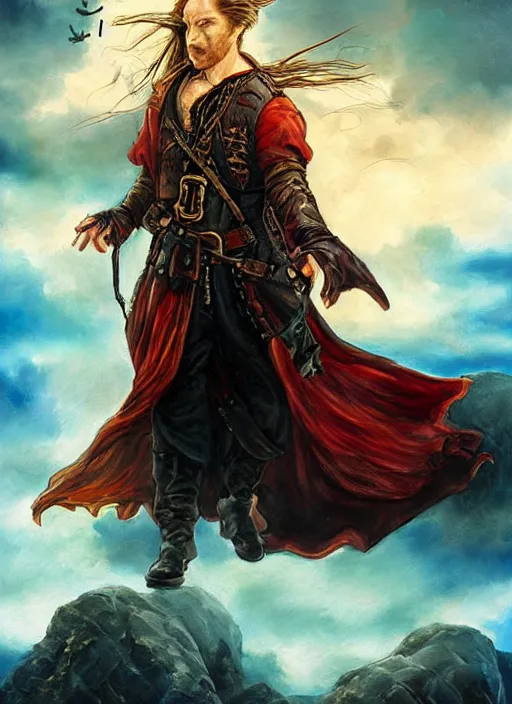 Image similar to epic fantasy portrait painting of a long haired, red headed male sky - pirate in front of an airship in the style of the matrix