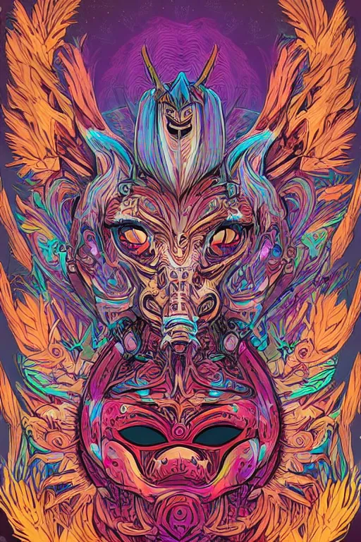 Image similar to animal mask totem roots flower tribal feather gemstone plant wood rock shaman vodoo video game vector illustration vivid multicolor borderlands comics by josan gonzales and dan mumford radiating a glowing aura