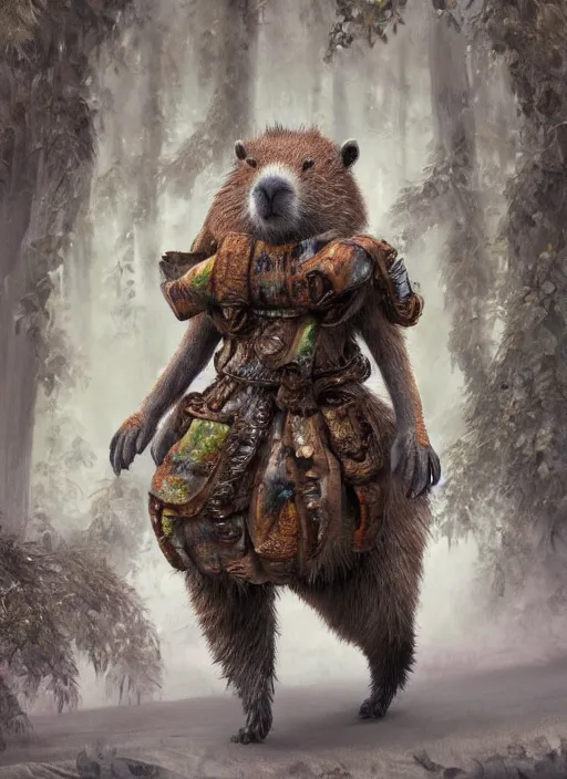 Image similar to detailed full body concept art illustration soft focus oil painting on canvas of an anthropomorphic capybara druid in full intricate clothing, biomutant, dystopian, micro detail, octane render, 4K