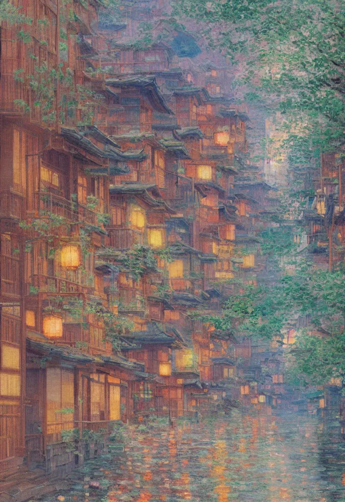 Image similar to a beautiful japanese city near the sea, amazing ryokans and gorgeous edo era houses, epic cyberpunk, lofi vibe, colorful, vivide colors, oil painting in impressionist style, by jeremy lipkin, by claude monet, by makoto shinkai, multiple brush strokes, inspired by ghibli, masterpiece, beautiful