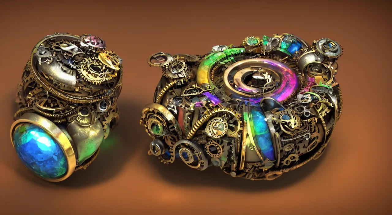 Prompt: a steampunk ring with rainbow colours, macro photography, F/2.8, trending on artstation, octane render