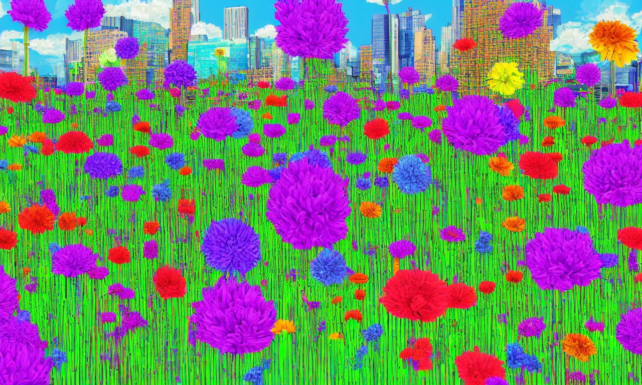 Image similar to twiddle a plopple, field flowers, busy cityscape, digital art, 3 d illustration