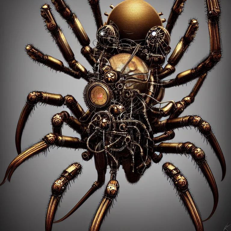 Prompt: steampunk spider, biomechanical, 3 d model, unreal engine realistic render, 8 k, micro detail, intricate, elegant, highly detailed, centered, digital painting, artstation, smooth, sharp focus, illustration, artgerm, tomasz alen kopera, by wlop