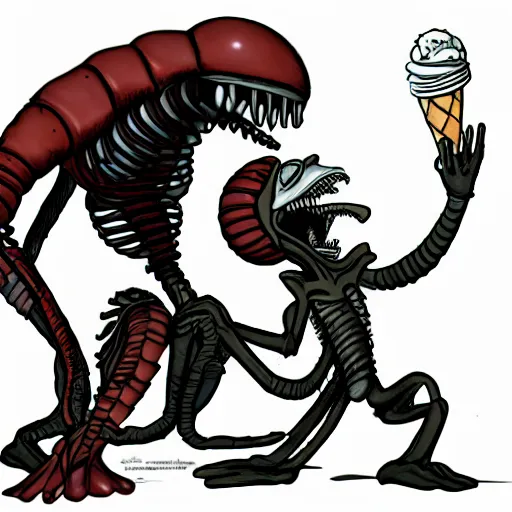 Prompt: a picture of a xenomorph eating ice cream, 4 k, artstation, science fiction, in the style of bill watterson