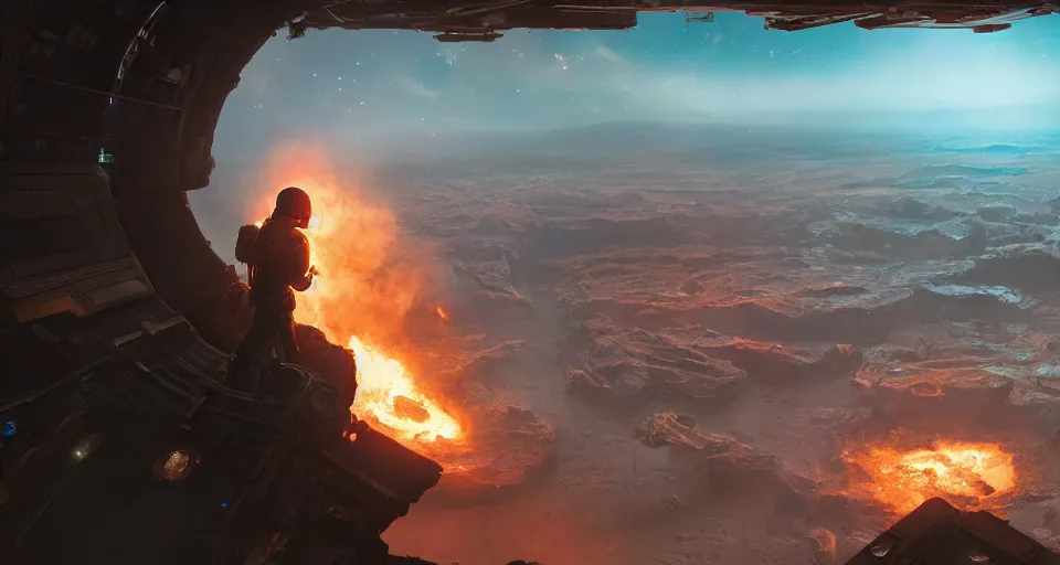 Image similar to a roman soldier standing on the bridge of a space station looks out the window at a burning planet, realistic rendering, unreal engine, 4k, hdr, high dynamic range, f12, simon stalenhag, high tech, star wars cavern interior